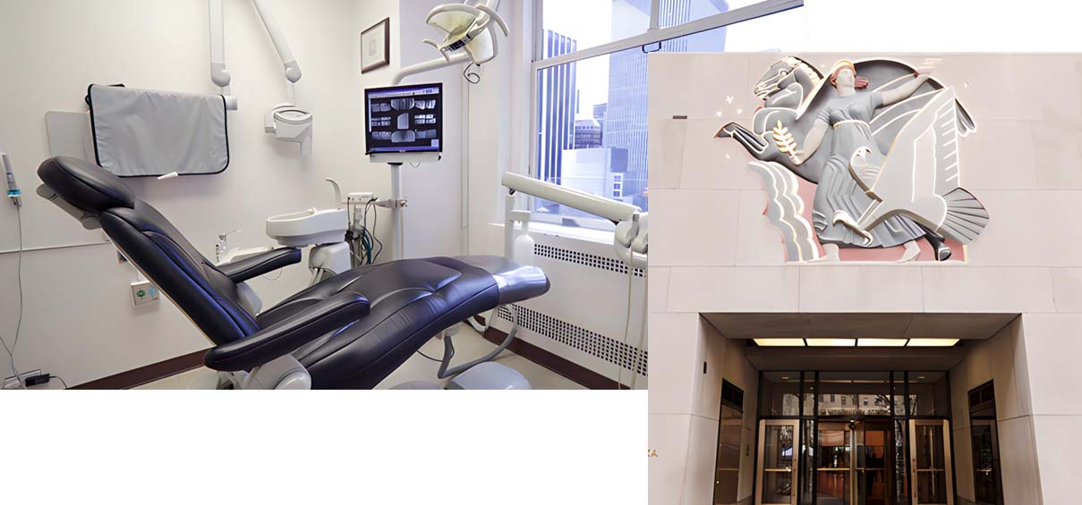 Dental chair and exterior of 1 Rockefeller Plaza