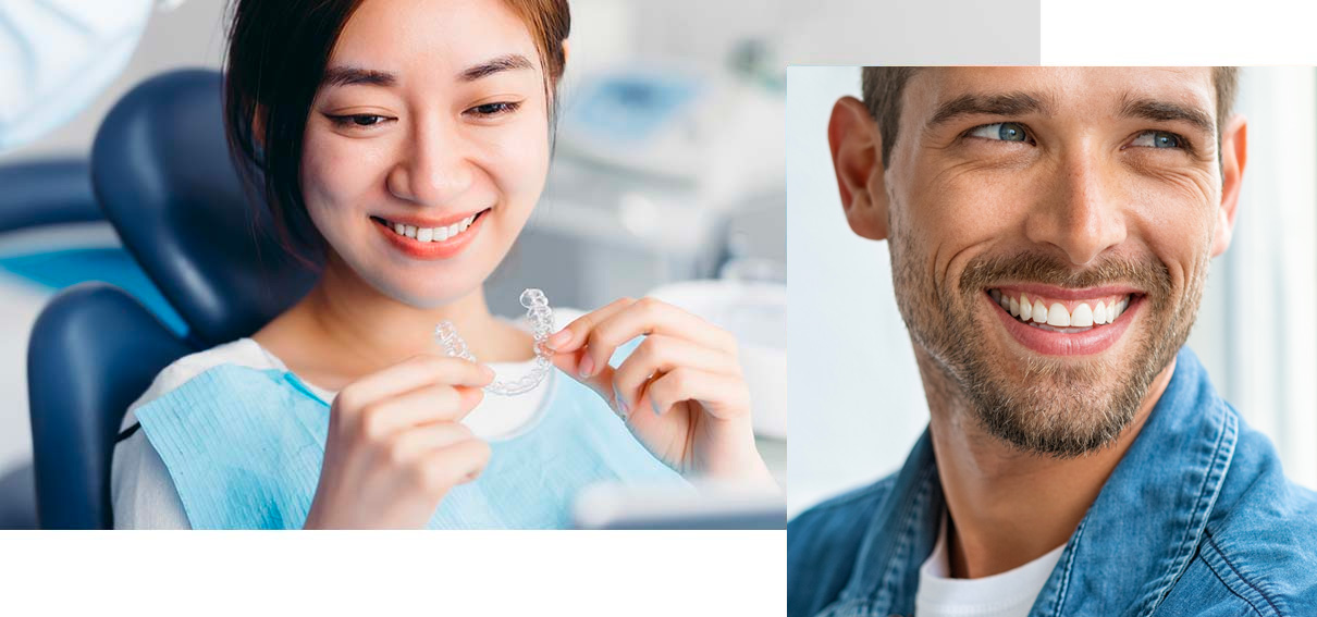 Woman holding a clear aligner. Inset of mouth with metal braces.